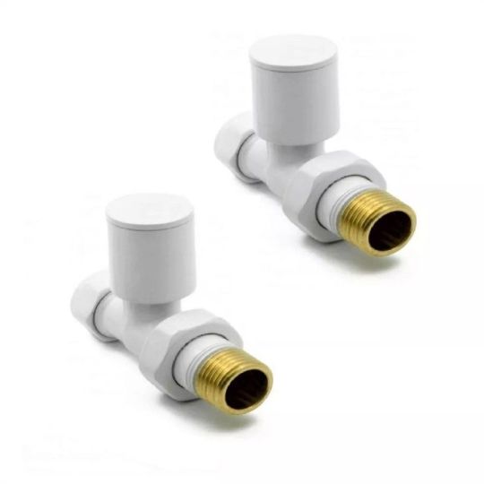 15mm Straight Radiator Valves Pair | White & Brass Heating Pipe Fittin