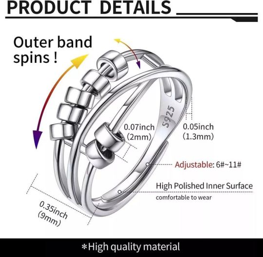 925 Sterling Silver Zircon Fidget Spinner Ring Adjustable Unisex Anxie