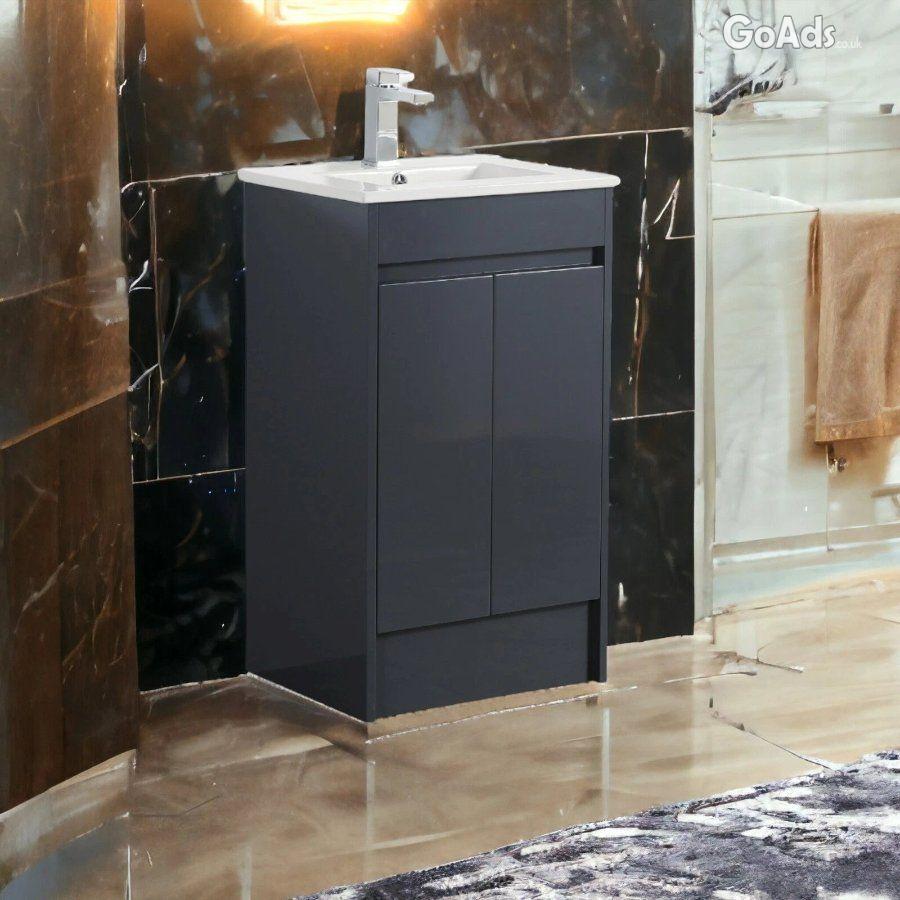Bathroom Vanity Basin Unit 600mm Dark Grey PVC Waterproof Cabinet Delu