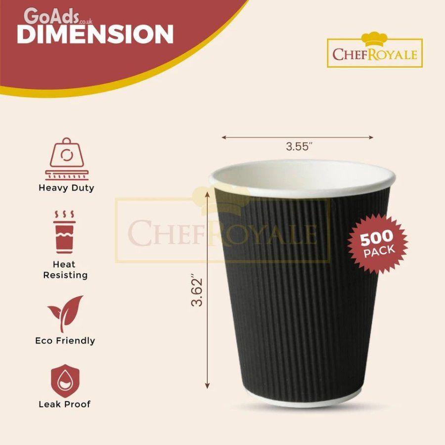 CHEF ROYALE 500x 8oz Black Ripple Disposable Coffee Cups Without Lids