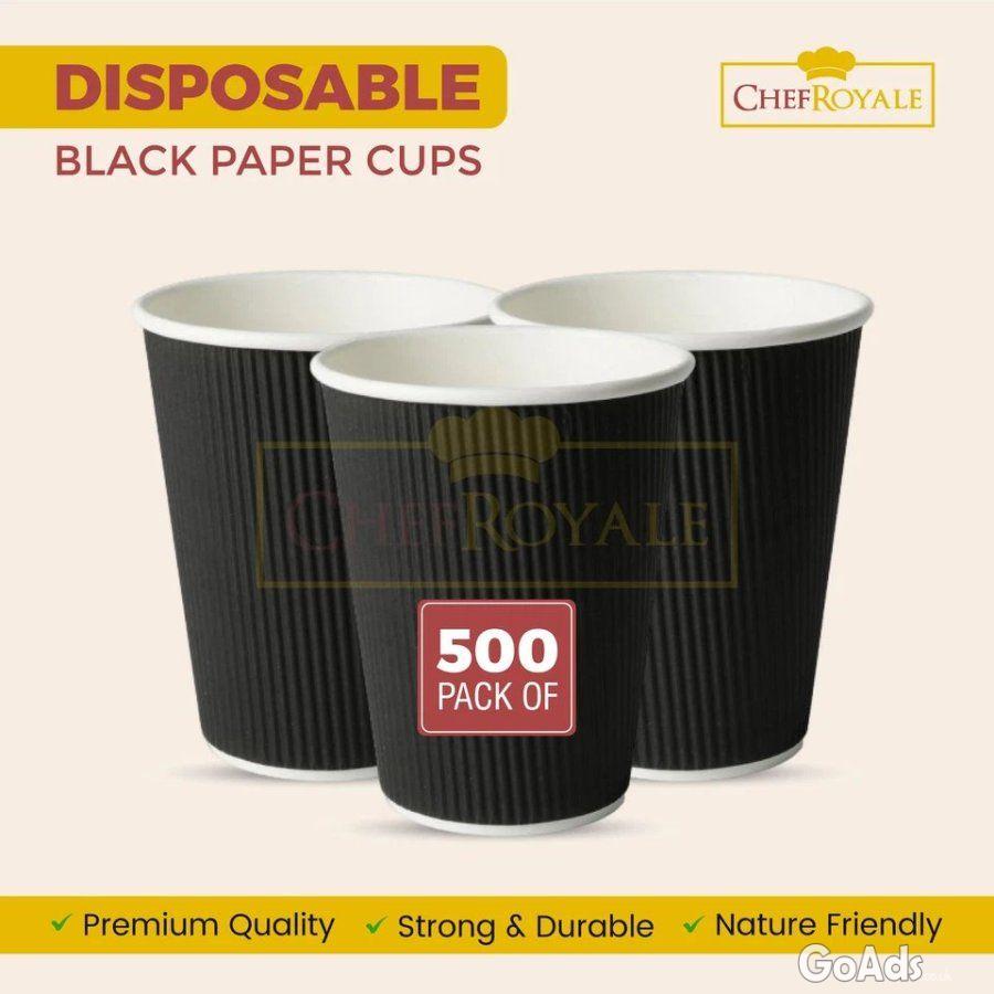 CHEF ROYALE 500x 8oz Black Ripple Disposable Coffee Cups Without Lids