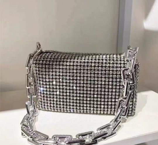 Crystal Rhinestone Evening Clutch Purse, SilverChain Crossbody Bag