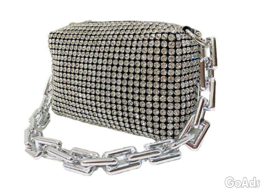 Crystal Rhinestone Evening Clutch Purse, SilverChain Crossbody Bag