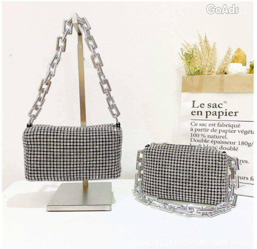 Crystal Rhinestone Evening Clutch Purse, SilverChain Crossbody Bag