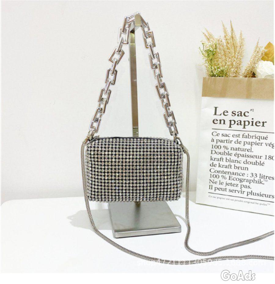 Crystal Rhinestone Evening Clutch Purse, SilverChain Crossbody Bag