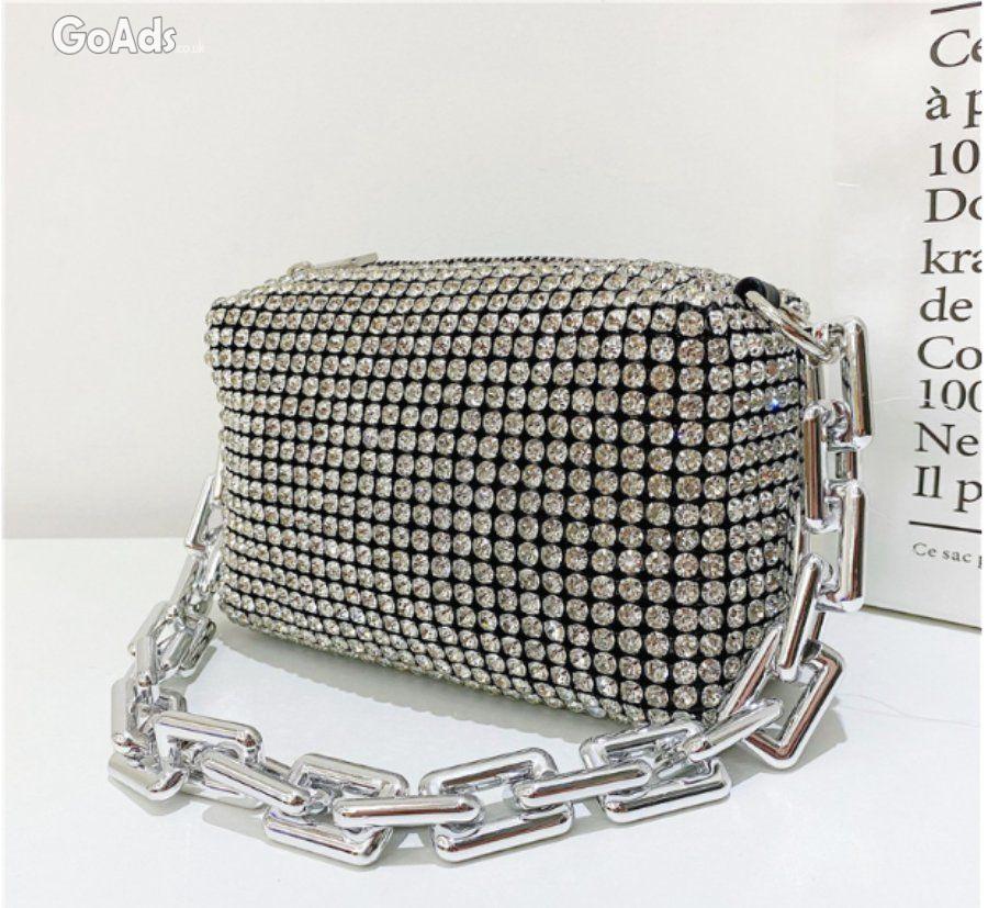 Crystal Rhinestone Evening Clutch Purse, SilverChain Crossbody Bag