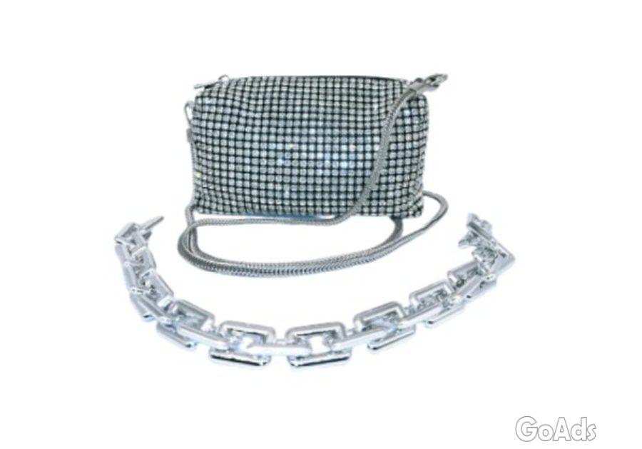 Crystal Rhinestone Evening Clutch Purse, SilverChain Crossbody Bag