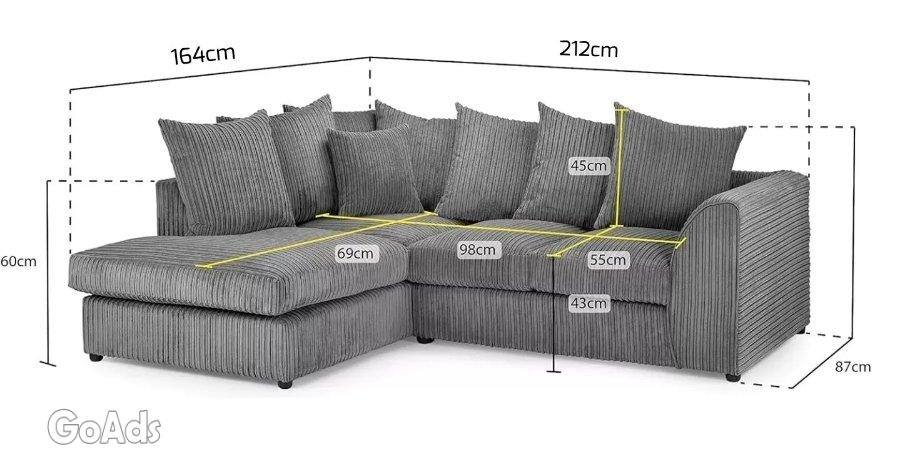 New L-Shaped Universal Corner Sofa Left Hand Jumbo Cord Fabric Living