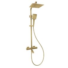 Thermostatic Square Mixer Shower Set 3in1 Brushed Brass Overhead Rain