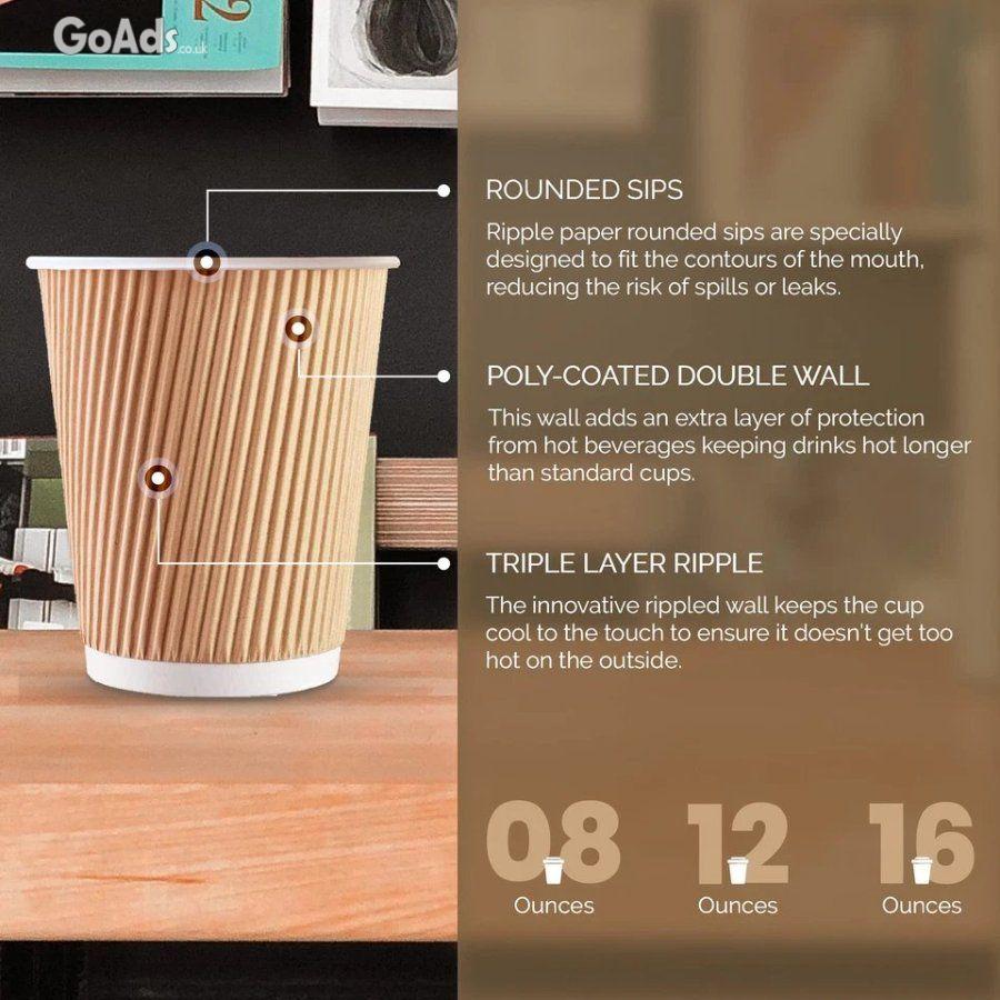 Zuvo 100 x Kraft 12 Ounce Ripple 3 Ply Disposable Insulated Paper Cup